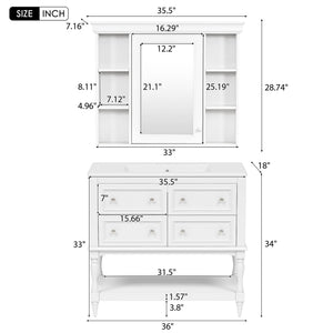 English Elm 36'' Modern Bathroom Vanity with Ceramic Sink and Medicine Cabinet, Solid Wood Frame, 4 Drawers, Waterproof Finish White SW000138AAK-1