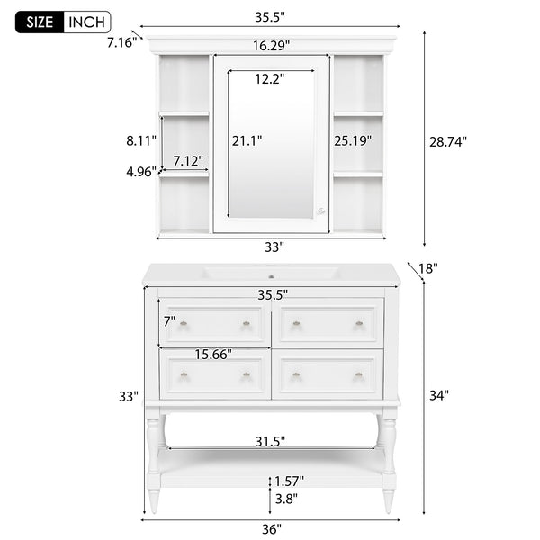 English Elm 36'' Modern Bathroom Vanity with Ceramic Sink and Medicine Cabinet, Solid Wood Frame, 4 Drawers, Waterproof Finish White SW000138AAK-1