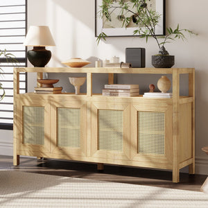 English Elm TREXM Bohemian Rattan Buffet Sideboard with Solid Wood Frame, Adjustable Shelves & Cord Management Natural N715P290093N