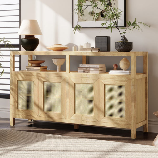 English Elm TREXM Bohemian Rattan Buffet Sideboard with Solid Wood Frame, Adjustable Shelves & Cord Management Natural N715P290093N