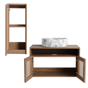 English Elm 30" Floating Bathroom Vanity Set with Ceramic Vessel Sink and Rattan Side Cabinet W999S00497