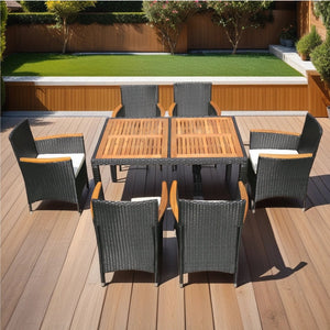 English Elm Eelifee 7-Piece Outdoor Wicker Dining Set With Acacia Wood Top - Stylish, Durable, And Comfortable! W329S00006