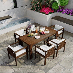 English Elm Trexm Acacia Wood Outdoor Dining Set Seats Six with Washable Cushions Umbrella Ready Beige,Mocha TM000022AAP