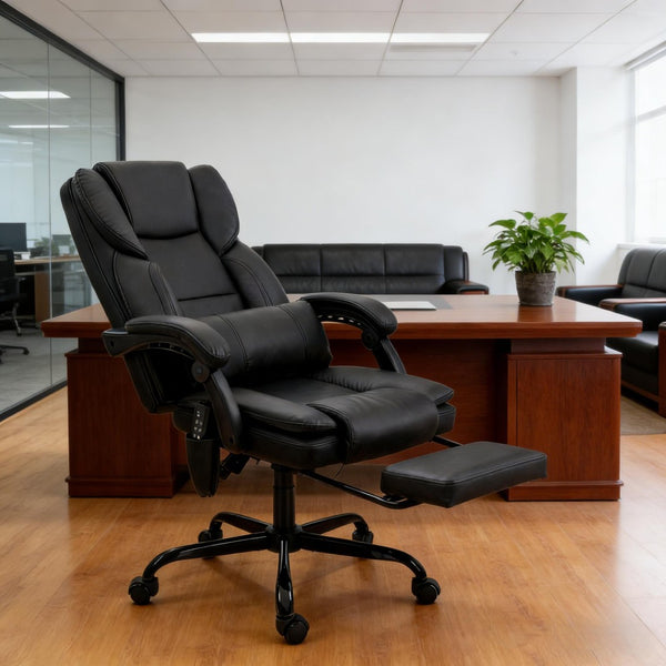 English Elm Faux Leather High Back Massage Office Chair with Reclining Footrest for Home Executives T3971P454525