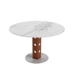 English Elm 2-4 Farmhouse Round Solid Wood Dining Table with Sintered Stone Top, Walnut & White, Durable Design T3833S00058 T3833S00058