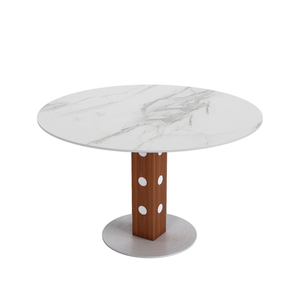 English Elm 2-4 Person Round Solid Wood Dining Table, Walnut Base & White Stone Top For Cozy Spaces & Nooks T3833S00058