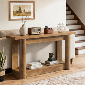 English Elm Practical Geometric Console Table with Matte Black Wood Grain Finish for Entryway or Sofa T3971P453068