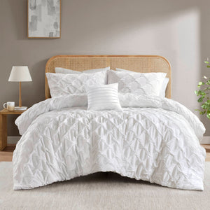JLA Home Comfort Spaces - Diamond Ruched Ogee Comforter Set with Crinkle Texture, Breathable All-Season Warmth & OEKO-TEX White AM10-0158