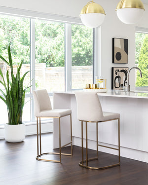 Sunpan Rayla Counter Stool - Elegant Cantilever Design with Textured Fabric and Antique Brass Frame Belfast Oatmeal