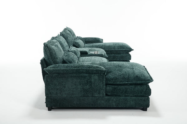 English Elm Modern U-Shaped Sofa With Console, Usb Ports & Cupholders – 6-Seat Chenille Sleeper Couch In Green W2100S00279