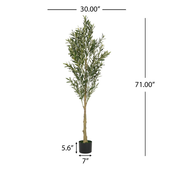 English Elm Christopher Knight Home® - 6' Olive Tree Faux Plant with Pre-Potted Black Plastic Base, Lifelike Leaves, Low Maintenance Décor Green N772P286766G