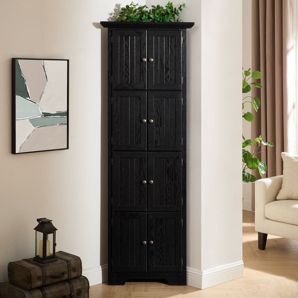 English Elm 4-Tier 8 Doors Tall Storage Cabinet with Vintage Metal Handles Oak Finish for Entryway & Dining Black W1758P300139
