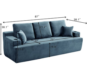 English Elm 87 Inch Plush Corduroy Three Seat Sofa with Deep Cushions Cup Holders Storage Pockets Gray W5515P444491