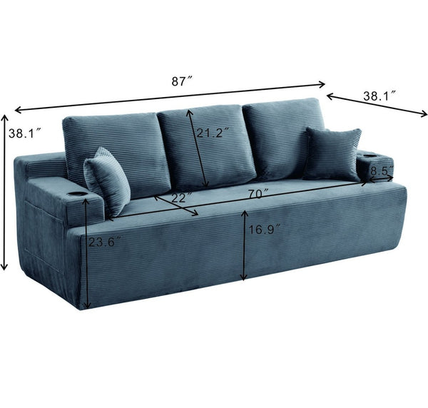 English Elm 87 Inch Plush Corduroy Three Seat Sofa with Deep Cushions Cup Holders Storage Pockets Gray W5515P444491