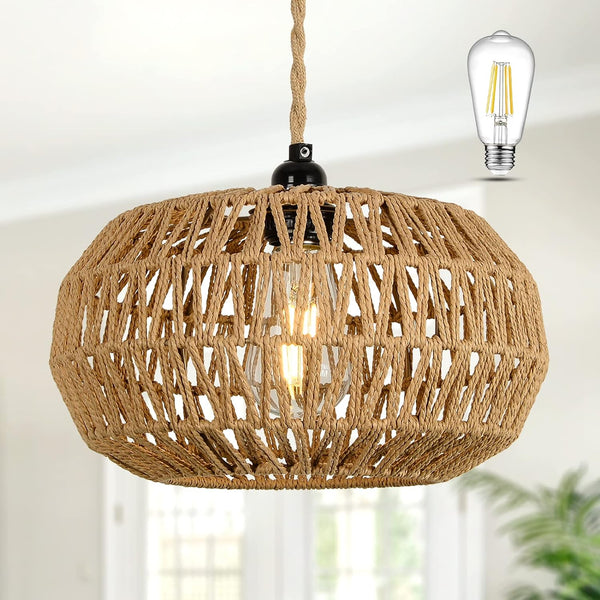 English Elm Farmhouse Led Rattan Pendant Light - Hand-Woven Boho Chandelier For Cozy Dining & Living Spaces W2738P185432