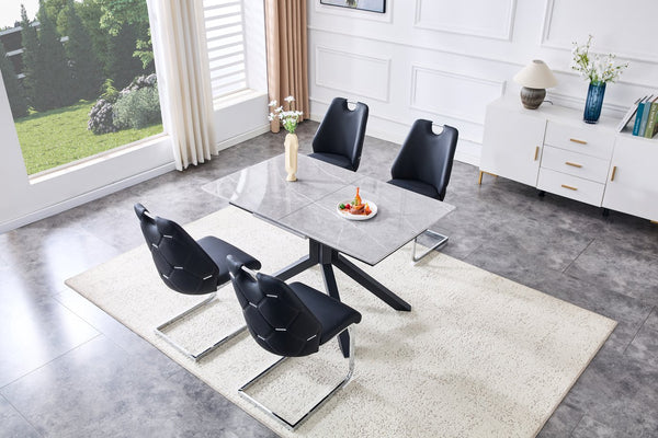 English Elm Modern Extendable Rectangular Dining Table with Scratch‑Resistant MDF Top and Matte Geometric Legs, Space‑Saving Centerpiece for Home or Office W3493S00008