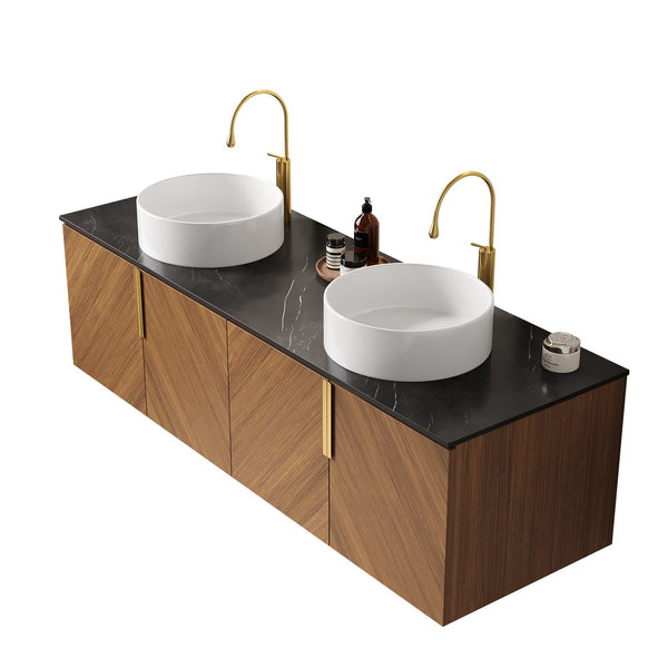 English Elm ARAI 60" Bathroom Vanity with Dual Ceramic Vessel Sinks, Sintered Stone Top, Plywood Storage Cabinet with Soft-Close Doors and Brushed Gold Handles Black,Brown Oak,White W2615S00159