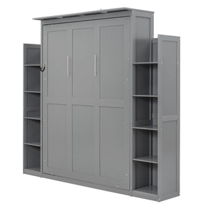 English Elm Full Size Murphy Wall Bed with Led Lighting Side Storage Cabinets and Slatted Support Gray LP000694AAE-1