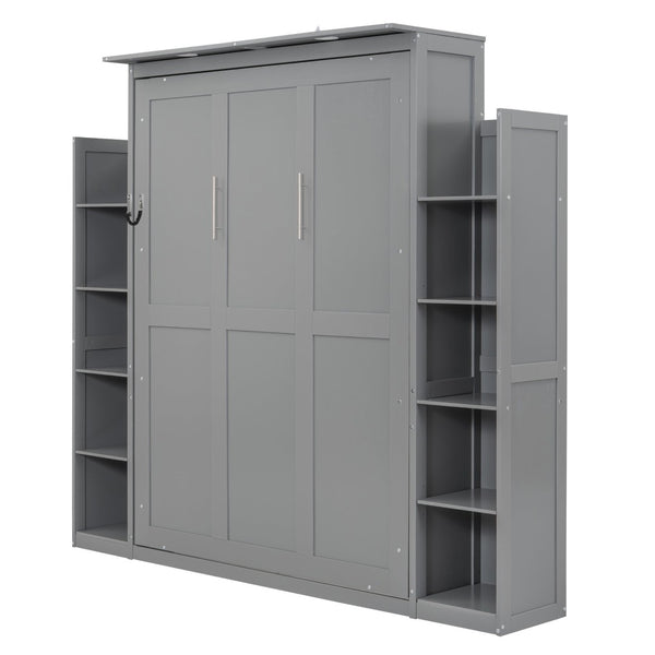 English Elm Full Size Murphy Wall Bed with Led Lighting Side Storage Cabinets and Slatted Support Gray LP000694AAE-1