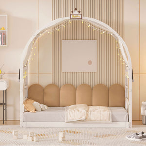 English Elm Twin Pinewood Ground-Level Canopy Bed with Arched Roof and Trundle for Kids—Whimsical, Sturdy Design White N820P181648K