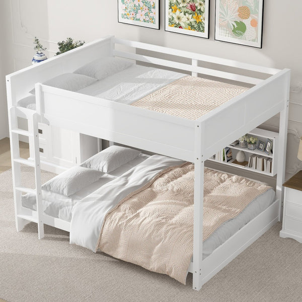 English Elm Queen Over Bunk Bed Solid Pine Cabin Frame with Storage and Usb Charging White GX000399AAK