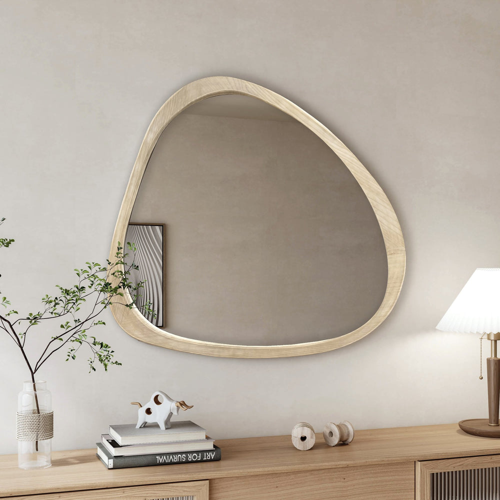 English Elm Solid 45" Asymmetrical Wooden Wall Mirror — Mid-Century Washed Wood Frame, Large Dressing Mirror W1435P241566
