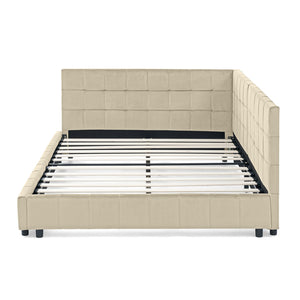 English Elm Full Upholstery Bed Frame with Tufted Velvet Sofa-Style Backrest and Armrests, Sturdy 500lb Capacity Beige W487S00295