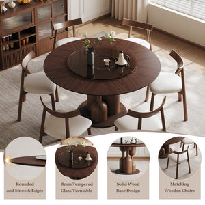 English Elm 59-inch Solid Oak Wabi-sabi Round Dining Set 6 Chairs Lazy Susan Japanese Craft W2700S00137