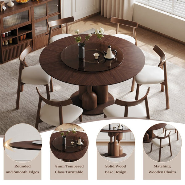 English Elm 59-inch Solid Oak Wabi-sabi Round Dining Set 6 Chairs Lazy Susan Japanese Craft W2700S00137
