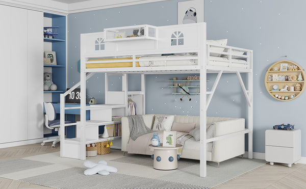 English Elm Queen Size Loft Bed With House-Shaped Guardrails, Stairs & Wardrobe - Perfect For Kids & Teens! W2593S00038-GIGA