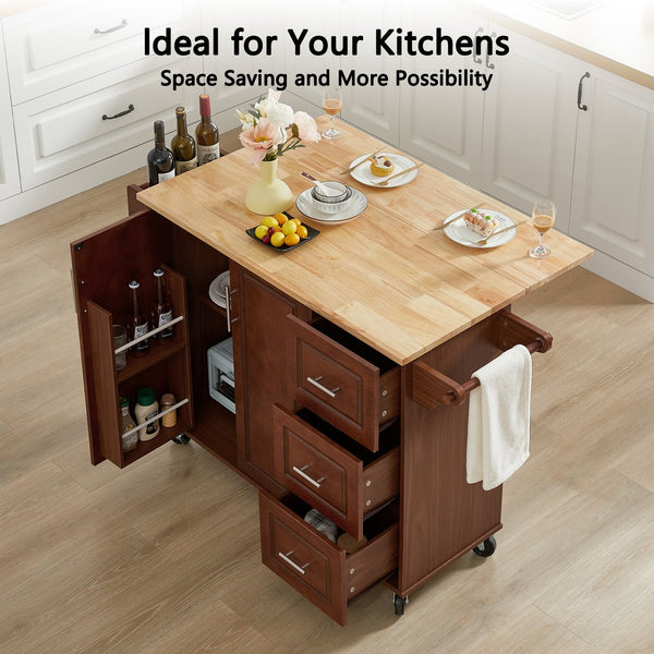 English Elm Kitchen Island Cart with Drop-Leaf Rubberwood Countertop, Rolling Tower Rack, Drawers & Spice Storage Brown W1820P195006