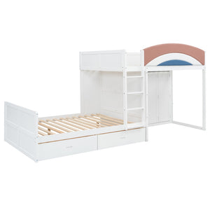 English Elm Full Size Offset Bunk Bed with Wardrobe Hanging Rod Drawers and Upholstered Rail White N820S00081K