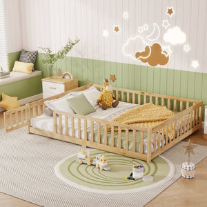 English Elm Queen Rubberwood Floor Bed with Perimeter Fence and Latch Door for Toddler Safety W504P370525
