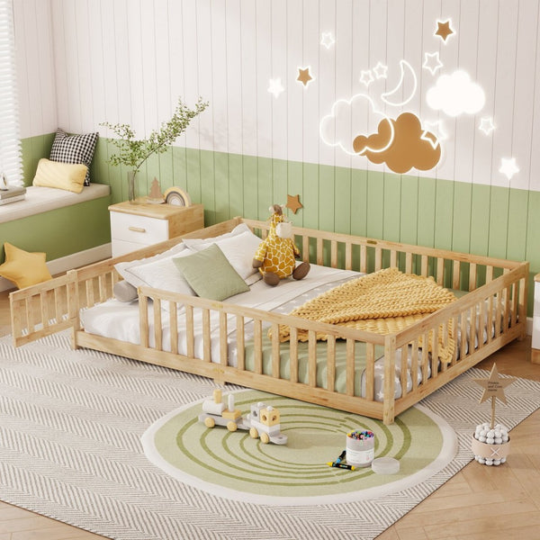 English Elm Queen Rubberwood Floor Bed with Perimeter Fence and Latch Door for Toddler Safety W504P370525