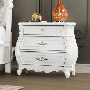 English Elm Traditional White Solid Wood Nightstand Hand Carved Drawers Acrylic Hardware Bedroom B2741P435292