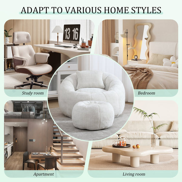 English Elm UNITED Cloud-Luxe Chenille Memory Foam Bean Bag Chair with Ottoman and Pillow for Ultimate Comfort Beige W1568P361685