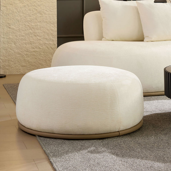 English Elm VSF1112-BEIGE-Ottoman Plush Beige Round PU Leather Accent Ottoman 34.25" Diameter Spacious Dual-Use Seat W3208P284683
