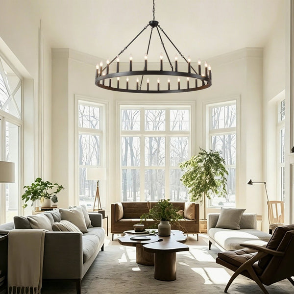 English Elm 53 Inch Iron Wagon Wheel Chandelier 18 Candle Lights Farmhouse Industrial Pendant W5008P393042