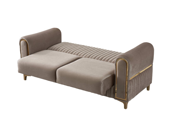 English Elm Melody Velvet Upholstered Sleeper Loveseat with Gold Accents, Vertical Tufting & Convertible Comfort taupe B009S01833