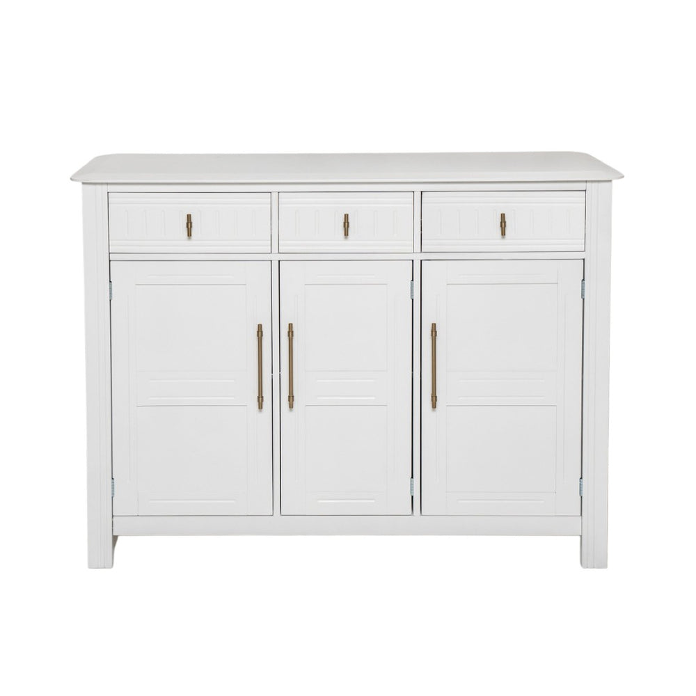 English Elm Cabinet with Three Doors Acacia Wood White Finish Gold Hardware Entryway Dining Storage N780P295774K