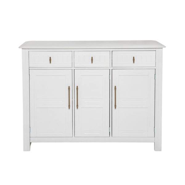 English Elm Cabinet with Three Doors Acacia Wood White Finish Gold Hardware Entryway Dining Storage N780P295774K