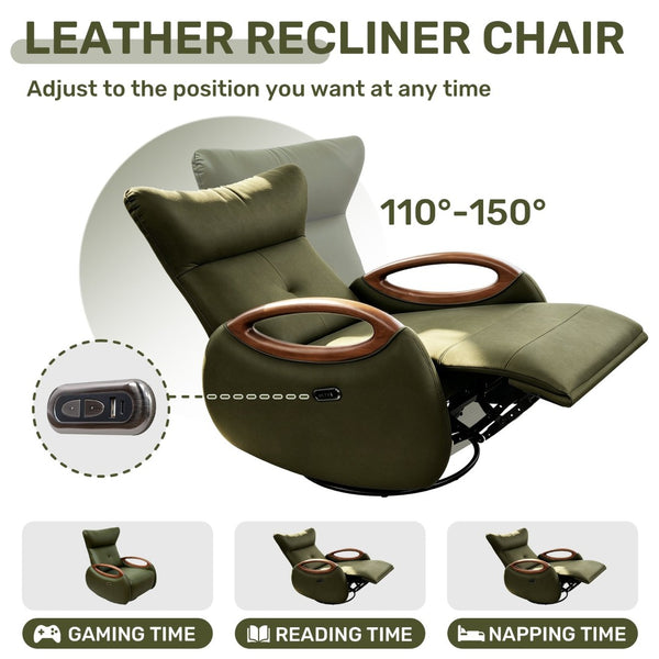 English Elm Power Reclining Swivel Chair Eco Leather Oak Armrests 260 Degree Lounge Seating Green W3795P502504