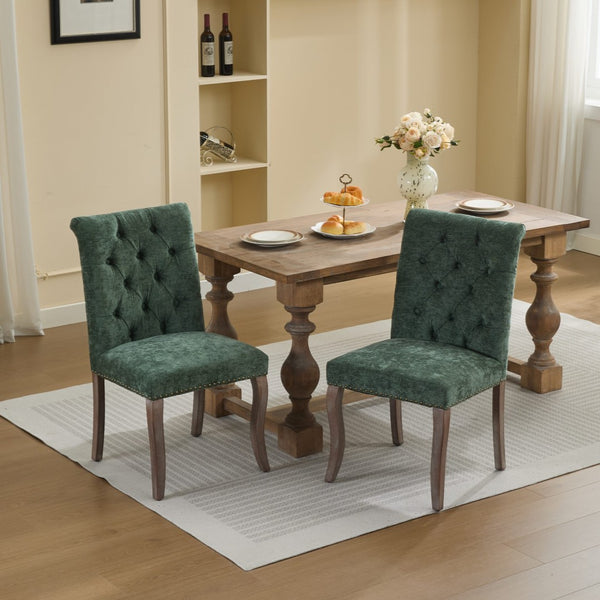 English Elm Upholstered Chenille Tufted Dining Chairs Set of 2 with Curved Wood Legs Club Style Olive Green W1143P457782