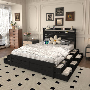 English Elm Queen-size Storage Platform Bed with Led Headboard 12 Drawers and Charging Station Black W5026P404146