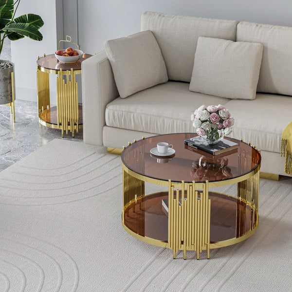 English Elm 31.5inch Modern Luxury Gold Coffee Table with Two-Tier Storage, Tempered Glass Top, Elegant Crown Design Dark Brown W1550P171485