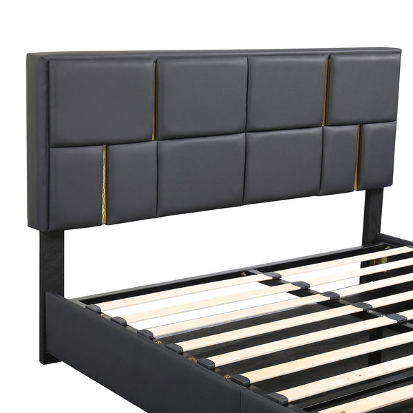 English Elm 2-Pieces Queen Upholstered Platform Bed with Hydraulic Lift and Spacious Storage Ottoman, Elegant Gold Trim Black 50 L x 16 W x 13 H N733S207778B