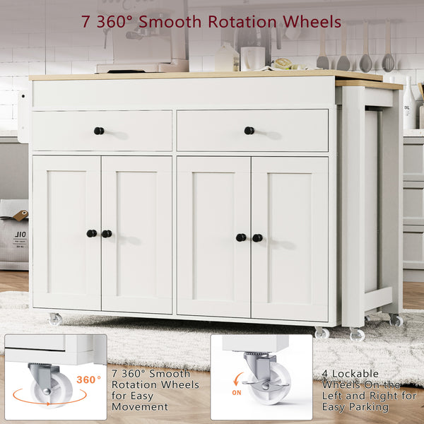 English Elm K&K 74.5" Kitchen Island with 27" Extendable Dining Table, 4-Door Storage, 2 Drawers, Rolling Cart Off White N707S000009W