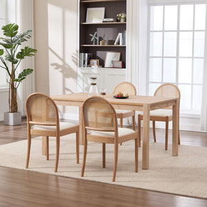 English Elm Rattan Backrest Dining Chairs Set of 2 Teddy Fabric Cushion Solid Wood Legs Kitchen Beige W3244P475485