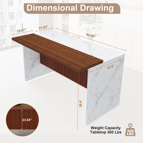 English Elm 63" Modern Kitchen Island with Black Marble-Look Surface, LED Ambient Lighting & Grille Accent White+Walnut W2699P365916