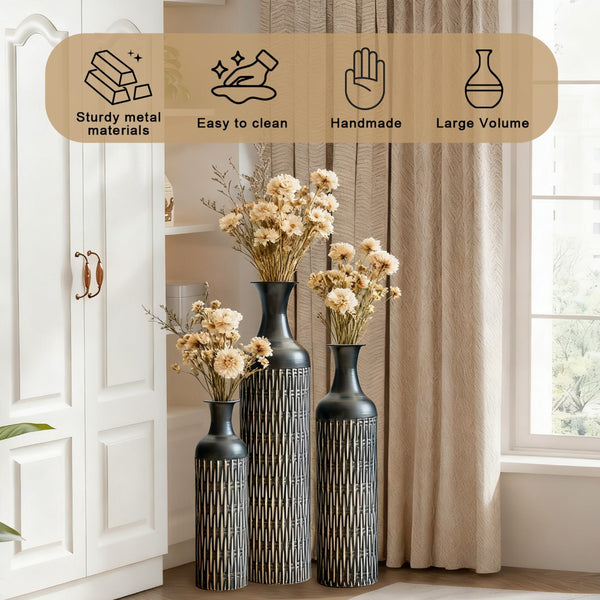 English Elm Decorative Matte Black Metal Floor Vase Trio Embossed Texture for Modern Living Spaces W2796P386870